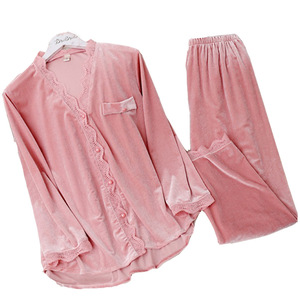 Pigiama personalizzato in velluto <span class=keywords><strong>donna</strong></span> stile 2024 invernale Cardigan Casual elastico in vita tinta unita traspirante Logo anteriore Loungewear - Product Image 5