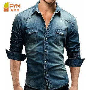 Camicia di Jeans in Denim lavato da uomo all'ingrosso di moda girare verso il basso colletto maniche lunghe camicie autunnali Top Casual con giacca a doppia tasca