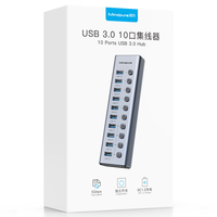 Hub USB 3.0 de 10 Puertos Mindpure, Divisor de Aluminio con Adaptador de 12V, Interruptores Individuales de Encendido/Apagado, 4 Puertos BC 1.2 de Carga Rápida, 5Gbps