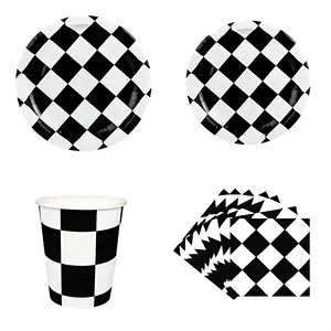Vajilla de fiesta de tablero de ajedrez en blanco y negro con temática de carreras, decoración de fiesta de cumpleaños para niños, taza de Mantel desechable con bandera