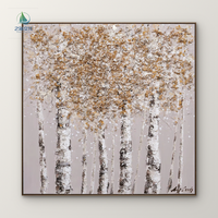 Nouvelle Peinture Murale Tendance en Médiathèque d'Art Mixte, Paysage Abstrait avec Arbre et Feuille d'Or, Décoration Murale et Arts Muraux