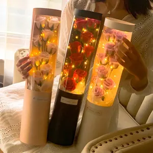Wangi Lampu LED Bunga Buatan 50Cm PVC Hadiah Silinder Kotak Buket Mawar Sabun Merah untuk Pacar Hari Valentine