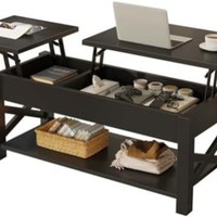 Table basse moderne en chêne avec structure en fer, pliable, extensible, relevable et avec rangement pour salon – Durable et élégante