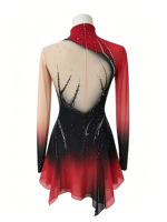 Robe de patinage artistique à col haut et manches longues, dégradé noir et rouge, dos ouvert en maille, ornée de strass, pour compétition et spectacle