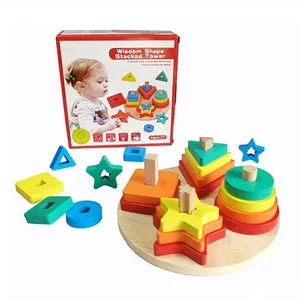 Child Puzzle Learn Train Preschool Education Wooden Toys Building Blocks Round Circle Geometry Four Columns Sets Shape Toys Kids