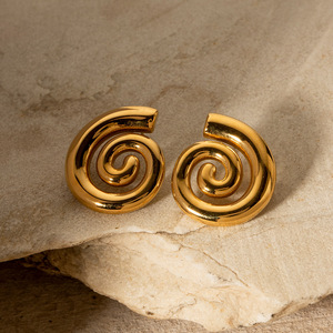 Spiral <b>Titanium</b> Steel <b>Stud</b> Earrings 18K Gold Plated Geometric Design For Women Fashionable Unique Minimalist Jewelry - Product Image 4