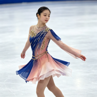 Robe de patinage artistique à col rond dégradé bleu-rose, manches asymétriques, dos ouvert en maille, jupe ornée de strass pour adultes et enfants