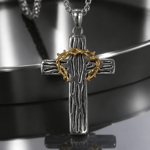 yunnique Stainless Steel <b>Cross</b> Pendant Necklace With Gold Crown Detail Unisex Fashion Jewelry - Product Image 2