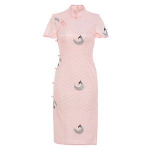 Vestido Cheongsam Juvenil Ajustado de Longitud Media con Bordado, Vestido Maxi Diario de Encaje para Mujer, Vestido Largo Bordado Qipao a Precio Económico - Product Image 1