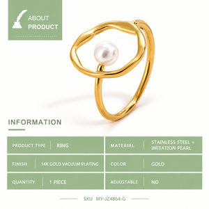 Gold Tone <b>Stainless</b> <b>Steel</b> Imitation Pearl <b>Ring</b> Organic Open Oval Sculptural Design - Product Image 5
