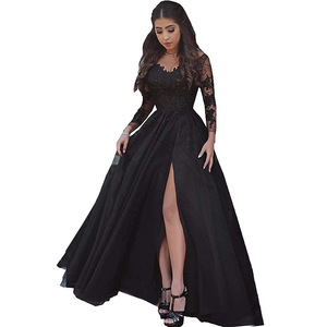 Evening Dress Long A-Line Chiffon Lace Sweetheart Neckline Slit Empire Waist Solid Color Formal Party Dress Adult Women - Product Image 2
