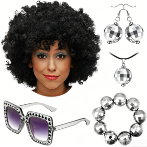 Conjunto de Accesorios Retro Años 70, Peluca <span class=keywords><strong>Afro</strong></span>, Gafas de Sol con Pedrería, Joyería de Bola <span class=keywords><strong>Disco</strong></span> para Fiestas Temáticas de Halloween y Disfraces - Product Image 3