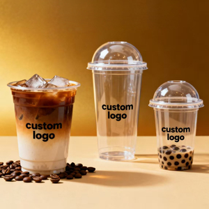 Muestras Gratis Vasos Desechables de Plástico PET Personalizados con Impresión de Logotipo, <span class=keywords><strong>Tapas</strong></span> de 90 mm de Diámetro para Refrescos, Té con Leche, Café Helado - Product Image 1