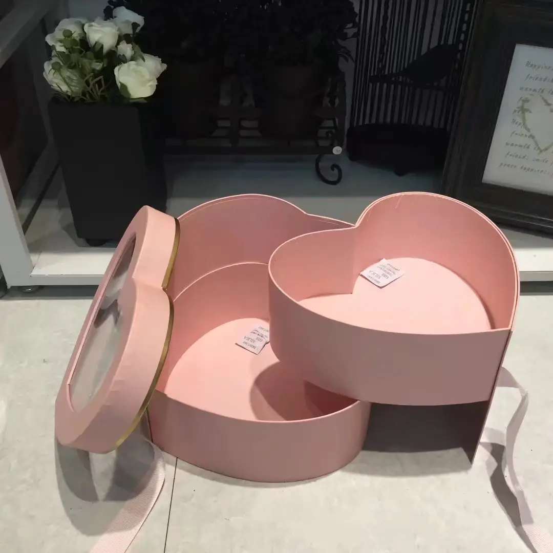 Valentine's Day Double Layer Rotating Heart shaped Flower Gift Box PVC Window Opening Flower Love Packaging Box