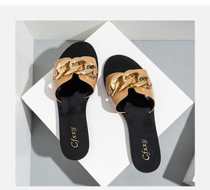 Korean Latest Summer Metal OAutersole Women Pu Leather Slide <b>Slippers</b> Fashion Chain All-match Womens Sandals - Product Image 6