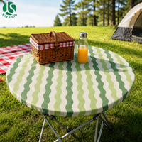 Nappe de table ronde ajustée en PEVA à rayures ondulées, avec dos en flanelle, imperméable, bord élastique, pour camping et pique-nique en extérieur, facile à nettoyer, réutilisable