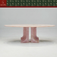 Table à manger ovale en marbre rose doux GOLDKING haut de gamme pour suite d'hôtel, utilisation en showroom, avec piédestal double sculpté en marbre, OEM ODM