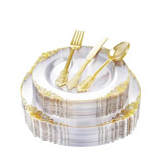 Ensemble de vaisselle jetable transparente à motif dragon, gobelet à <span class=keywords><strong>vin</strong></span> à bord doré, cuillère, manchon en papier anti-poussière - Style luxe léger - Product Image 1