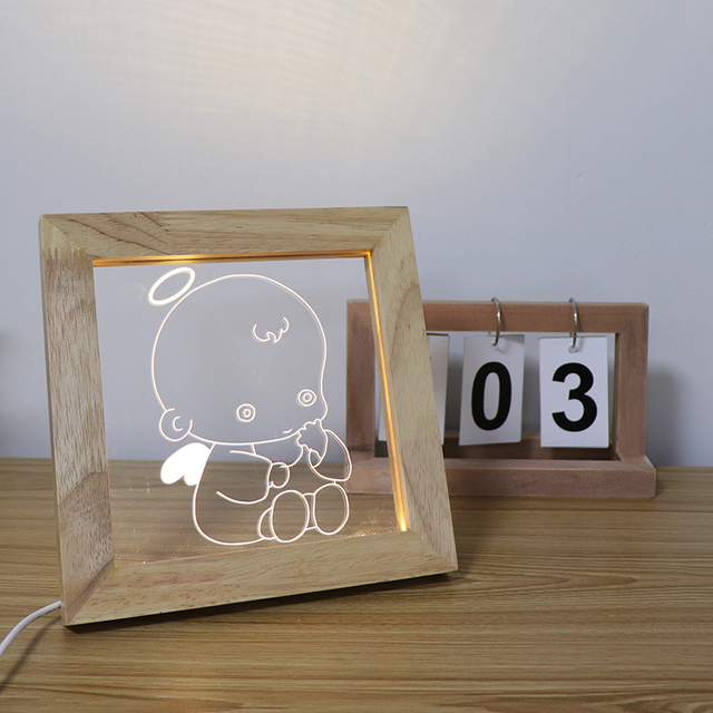 Zhonshan USB Night Light Photo Frame Lamp Oak Wooden LED Acrylic Frame 3D Acrylic Table Lamp for Home Decor