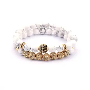 Top Selling Product Stock 2pc/sets Beads Stone Bracelets for Women Micro Pave CZ Ball Charms Bracelet Men Jewelry Natural