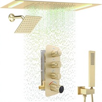 Système de douche thermostatique à double tête avec mitigeur 3 voies, jet de pluie, construction rectangulaire en laiton 14x20 pouces (Or brossé)