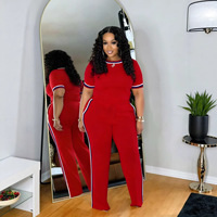Ensemble 2 pièces sexy pour femme, haut à manches courtes et pantalon long, survêtement côtelé à rayures contrastées, grandes tailles – Grande Vente
