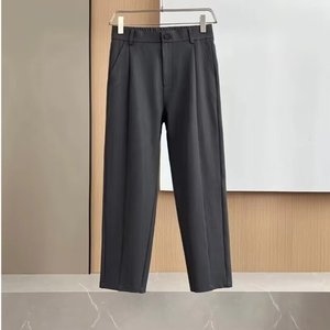 Pantaloni eleganti da uomo di alta qualità estivi pantaloni larghi neri pieghettati larghi con gamba larga a metà vita piatta anteriore leggera - Product Image 4