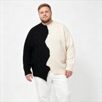 Pull en tricot asymétrique surdimensionné noir et blanc avec col rond et fourrure artificielle pour homme – Collection Automne-Hiver