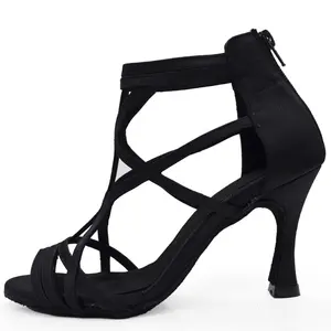 新款时尚黑色缎面女士拉丁舞鞋优雅拉丁鞋时尚廉价中国拉丁鞋舞蹈靴
