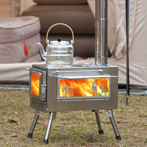 Poêle à <span class=keywords><strong>bois</strong></span> pliable portable double usage, ustensiles de cuisine en acier inoxydable pour 3 à 5 personnes, chauffage de tente de camping - Product Image 2