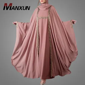Manxun High Quality Muslim Kaftan Flow Big Sleeves Front-closed Kimono Saudi Style Dubai Abaya Dress Islamic Clothing For EID