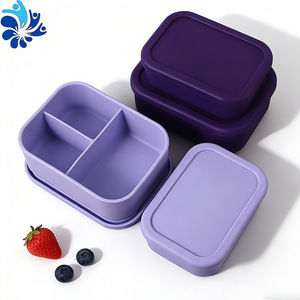 Purple Silicone Lunch Box 700ml 1300ml Three Compartment Microwave Safe Bento Container With Plastic Lid Rectangle Shape - Product Image 5