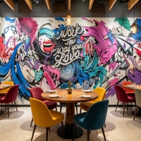 Papier peint personnalisé, murale graffiti colorée, fond mural d'art urbain moderne pour bureau créatif, hôtel, club et espace commercial