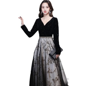 Women's Black Evening Gown V-Neck Long Sleeve Floral Print Tulle Skirt Formal Dress For Banquet And Coming Of Age Ceremony - Product Image 5