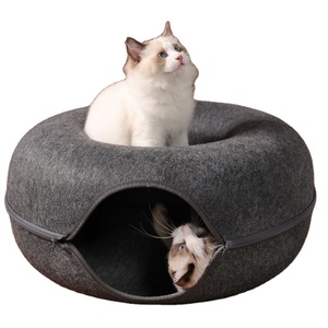 Cat Houses Grey Felt Pet Cave Zipper Donut Shape Warm Pet House <b>Nest</b> Pet House - Product Image 1