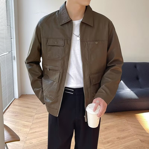 Blouson Bomber Homme en Similicuir PU et Polyester Lavé de Qualité Supérieure, Style Moto Cargo Décontracté, Coupe Boxy, avec Fermeture Éclair, Col Montant à Lettres, Printemps - Product Image 1