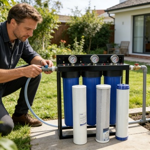 Sistema di Filtrazione dell'<span class=keywords><strong>Acqua</strong></span> Potabile a Tre Stadi con Telaio Zincato Nero Neozelandese, Filtro BB da 20 Pollici e Manometro per Uso Domestico - Product Image 1