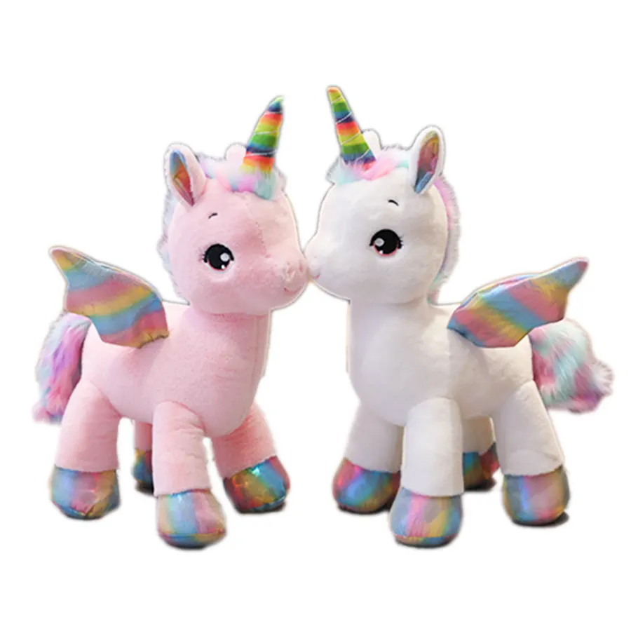 wholesale lovely flying wing pink and white big eyes animal plush toy stuffed unicorn soft toy plush with blue hair