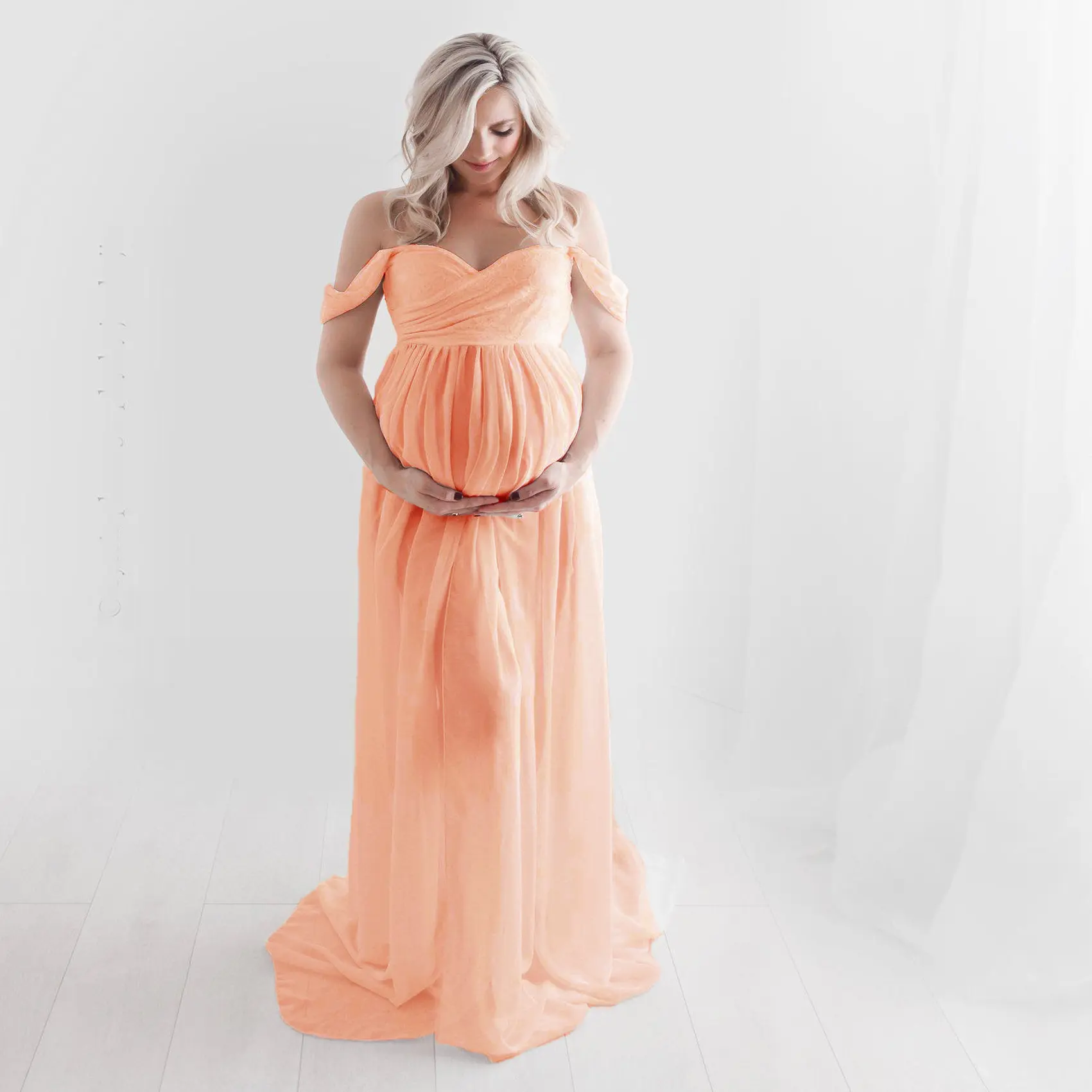 Women Off Shoulder Pregnant Sexy Photography Ruffled Long Maternity Dress