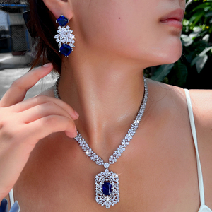 White Gold Color Blue Shiny Cubic Zircon Stone <strong>Indian</strong> Women Luxury Wedding Necklace and Earrings <strong>Costume</strong> <strong>Jewelry</strong> Set for Brides - Product Image 5