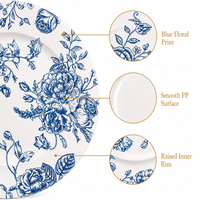 Assiettes de présentation rondes en PP de 13 pouces, imprimé floral blanc et bleu, pour mariages, banquets, fêtes de jardin et décoration de table