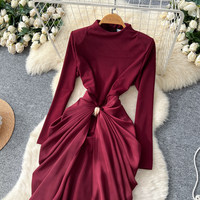 Robe longue élégante rouge à col semi-montant, plissée, à manches longues, coupe trapèze, ajustée à la taille, de luxe, pour femme, tenue de bureau formelle