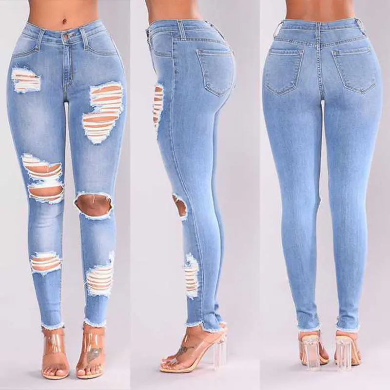 Yüksek kaliteli kadın Denim delik sıska sıkı kalem artı boyutu Jean pantolon kadınlar için yüksek bel kot
