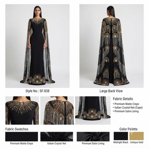 Robe de soirée noire pour femme avec broderie dorée antique, détails en franges de cristal et silhouette élégante longue jusqu'au sol - Product Image 1