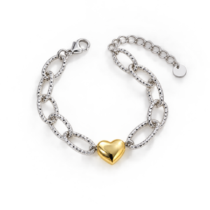 Bracelet à maillons en forme de cœur bicolore en acier inoxydable plaqué or 18 carats, maillons texturés argentés - Product Image 1