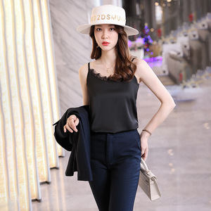 Lace Trimmed U Neck Camisole For Women Black White Solid Color Sleeveless Top Micro Elasticity Polyester Fabric 2025 Summer - Product Image 1