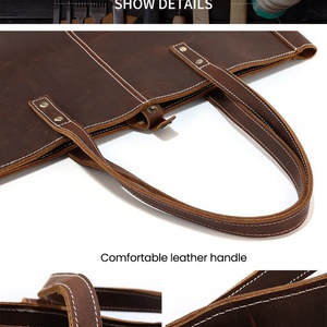 Bolso Tote de Cuero Crazy Horse Hecho a Mano, Elegante, Vintage, Unisex, de Gran Capacidad, Portátil, con Dos Asas y Cierre Abierto - Product Image 3