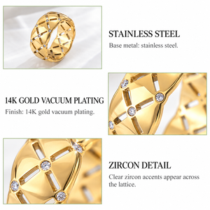 Anillo de Zirconia con Rejilla Dorada, Acero Inoxidable, Chapado al Vacío en Oro de 14K, Joyería Geométrica de Banda Ancha - Product Image 2
