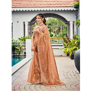 Sari de Soirée de Luxe en Satin Fantaisie Abhi, Tenue de Créateur Perlée Faite à la Main, Style Ethnique Élégant - Product Image 1
