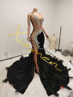 Robes de soirée élégantes pour femmes Ocstrade, design tendance, noires, à fente haute, avec strass scintillants, robe de bal sexy avec plumes